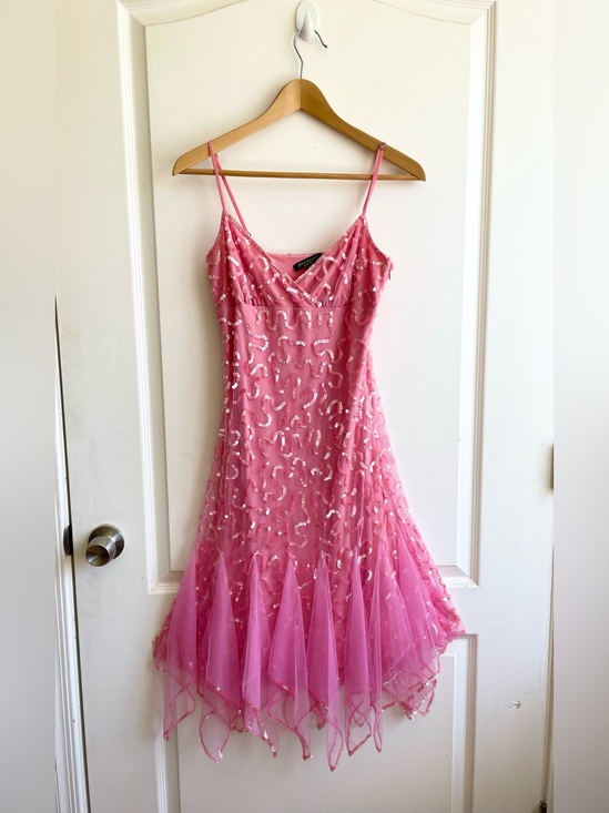Betsey Johnson Dresses & Skirts - Betsey Johnson Evening Vintage Y2K Dress Size 6  Handkerchief Hem Pink Sequins